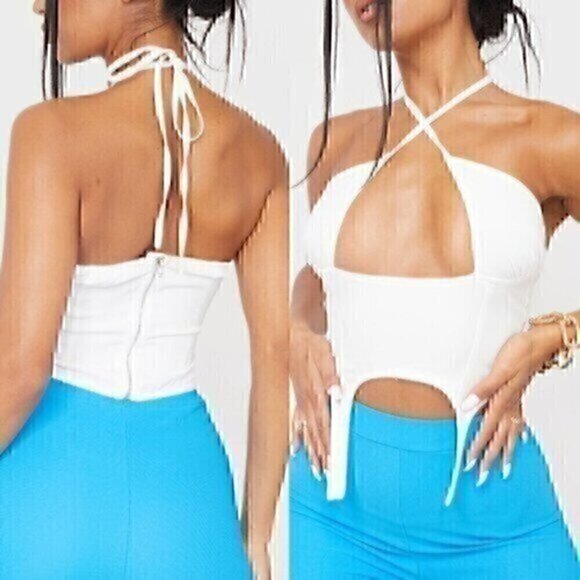 NEW NWT PRETTYLITTLETHING Woven Cross Front Cutout Stirrup Hem Top Cream Ivory 8 - Picture 1 of 12